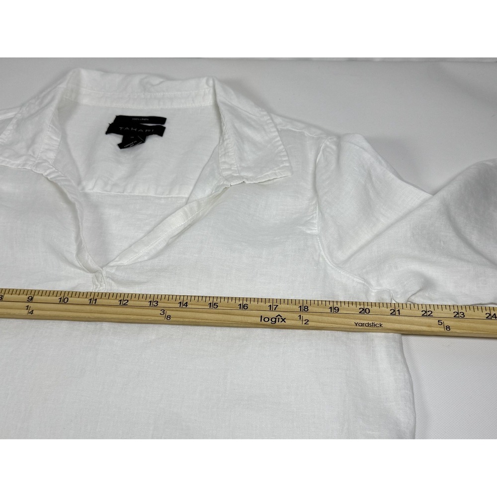 TAHARI Women White Linen 3/4 Sleeve Collared Pullover Top Size L Lagen Beach - Picture 5 of 7